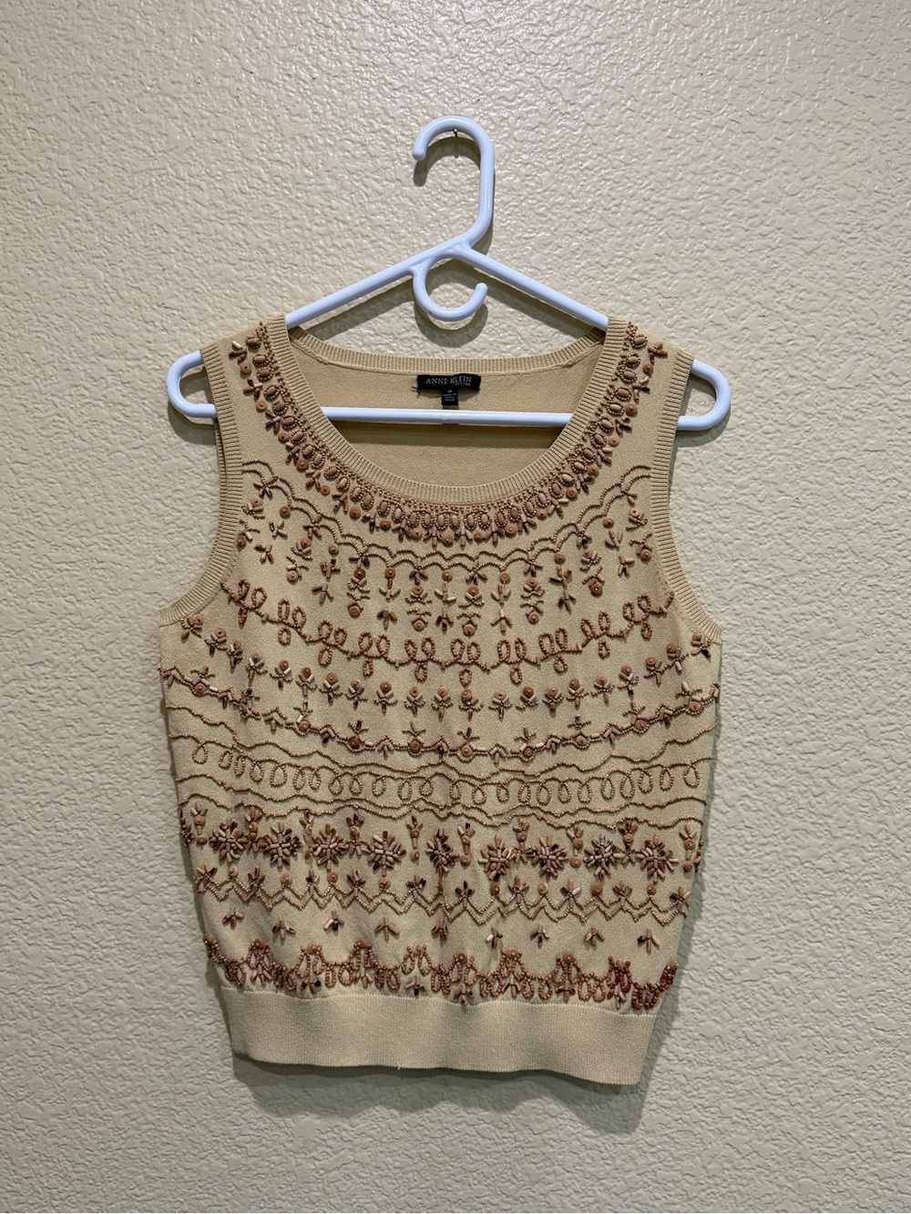 Anne Klein Embellished Bead Sleeveless Knit Top - Yellow with Brown Accents